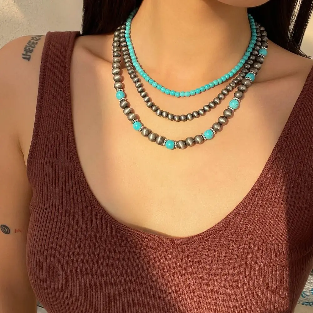 3Pcs/Set Retro CCB Multilayer Navajo Necklaces Bead Goth Beach Chokers Jewelry Clavicle Chain Western Country Necklaces Women