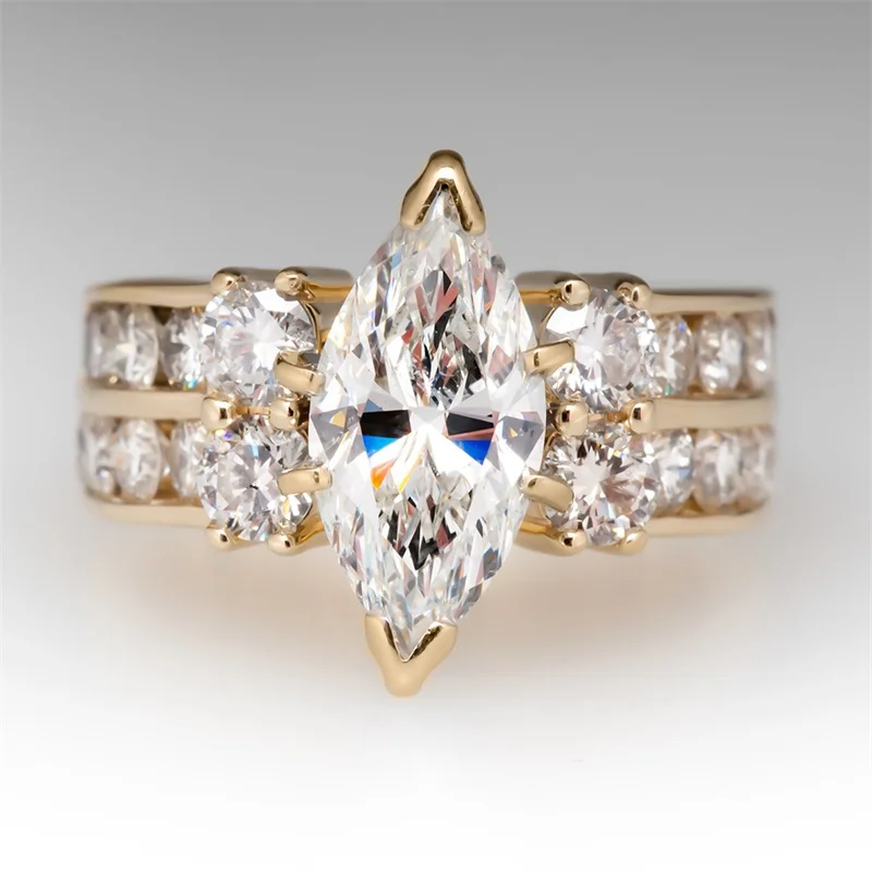 Huitan Luxury Gold Color Marquise Cubic Zirconia Rings Women for Wedding Bands Accessory Anniversary Gift Fashion Party Jewelry