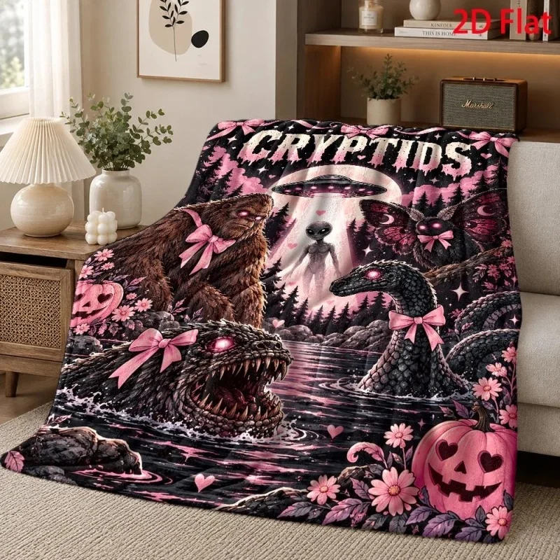 Cryptid Creature UFO Pink Bow Pumpkin Floral Print Throw Blanket, Gothic Spooky Style Home Decor Cover