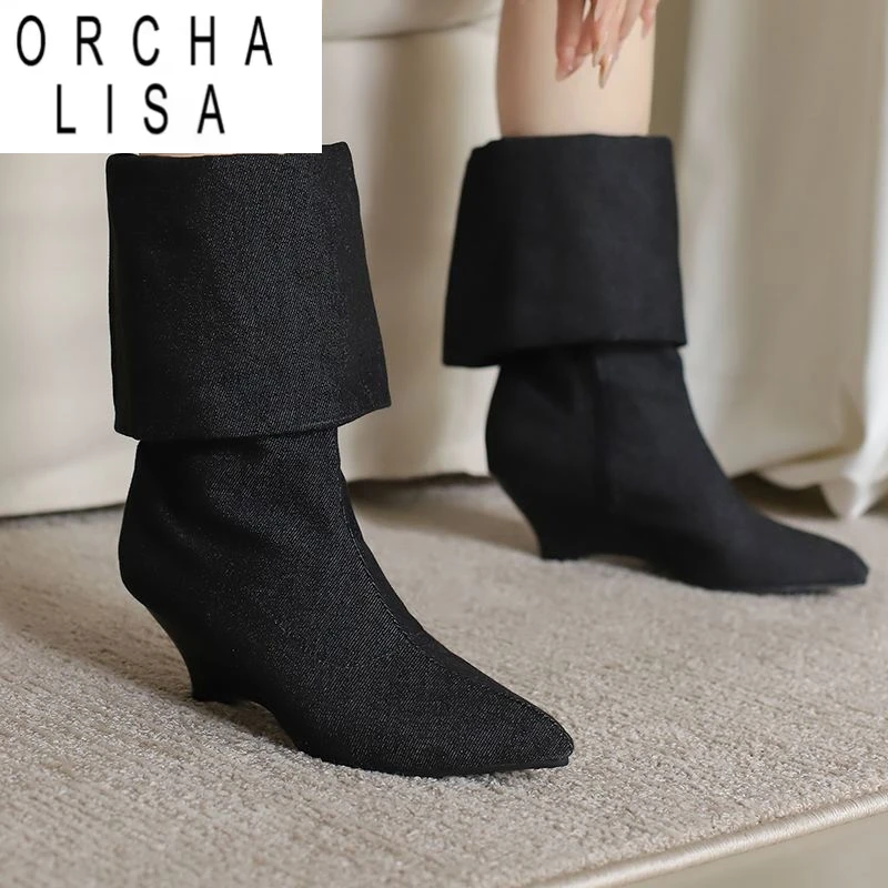 

ORCHA LISA/женские ботинки с острым носком на блочном каблуке 6 см, размер 46, 47, 48, повседневные женские ботинки для отдыха, синие