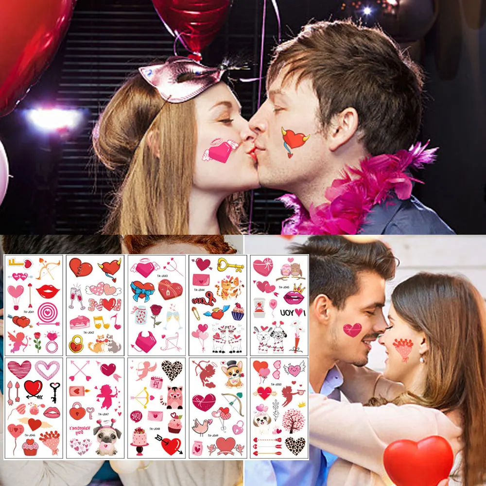 10pcs Waterproof Temporary Tattoo Stickers for Valentine's Day Heart Red Lip Flower Fake Tattoo for Women Men Festival