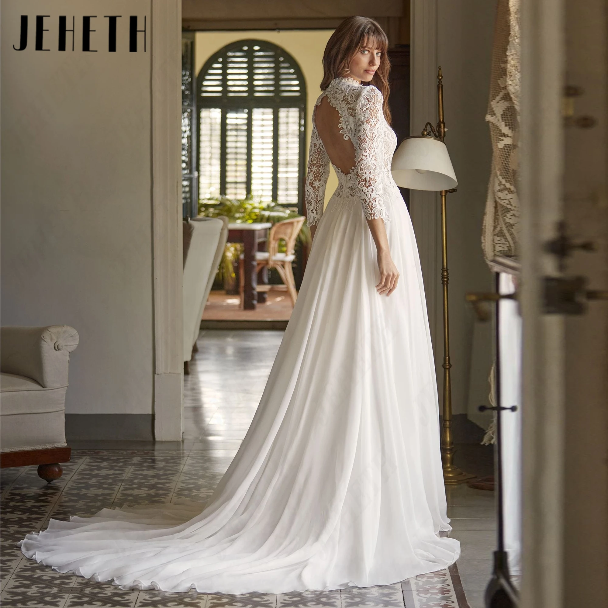 JEHETH Chiffon High Neck Lace Sleeves Wedding Dress A-Line Court Train Vintage Bridal Dresses Personalized Backless Bride Gown
