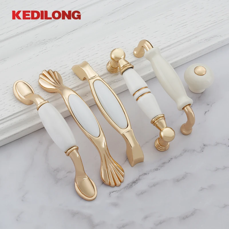 

KEDLO Furniture hardware European light luxury ceramic handle kitchen cabinet knob classical gold drawer handle