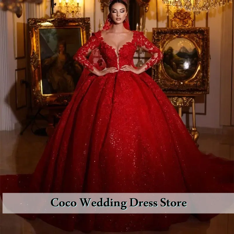 Роскошные великолепные кружевные красные свадебные платья в Дубае по индивидуальному заказу, блестящие свадебные платья в арабском стиле с длинными рукавами, Vestido De Novia