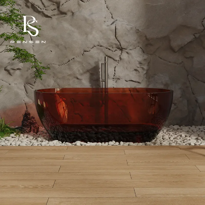 Oval Transparent Resin Freestanding Bathtub Crystal Clear Art Design Soaking Tub for Modern Bathroom Interior Decor