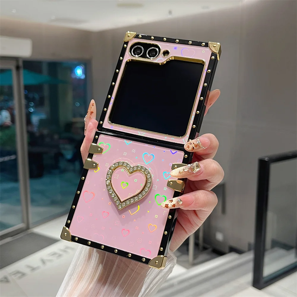 

Gold Plating Bumper Laser Glitter Heart Case for Samsung Galaxy Z Flip6 5 4 3 Glitter Finger Ring Stand Cover Funda Flip 6