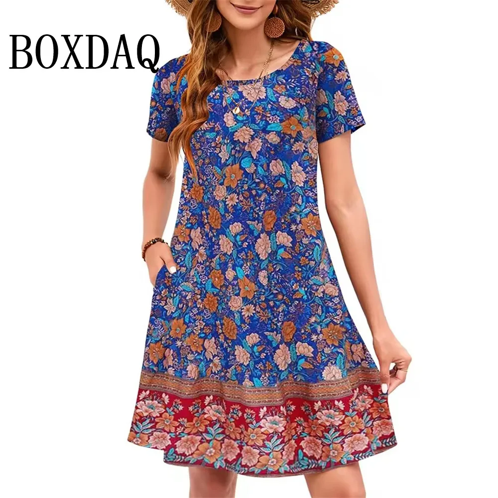 Nuevos vestidos Vintage de flores rosas para mujer, vestidos informales de estilo étnico con bolsillos sueltos de verano, vestidos de talla grande de manga corta para mujer