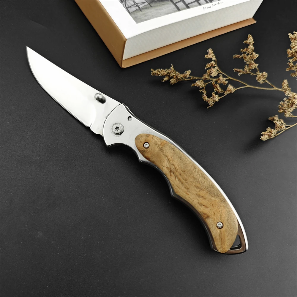 Folding Knife 440C Steel Blade Stainless Steel Inlaid White Shadow Wood Handle Hunting Fliper Knife EDC Camping Tactical Tool