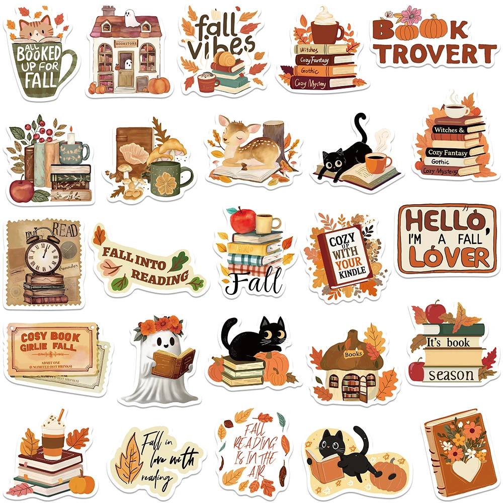 50pcs Retro Cute Cartoon Autumn Reading Book Stickers Bookish Vinyl Decals Luggage Guitar Laptop Phone Waterproof Graffiti