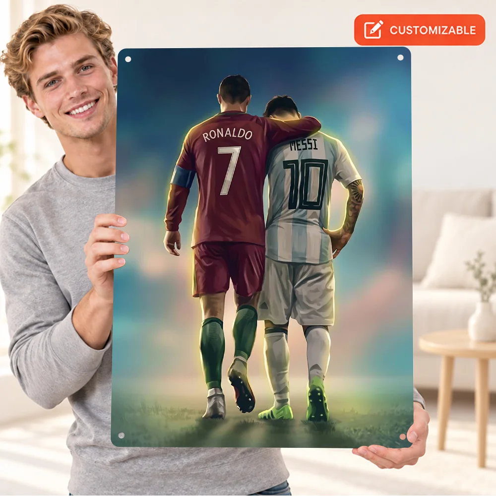 Cristiano Ronaldo And Lionel Messi Football Players Aluminum Poster Personalized Metal Sign Cinematic Style Wall Art For Bedroom