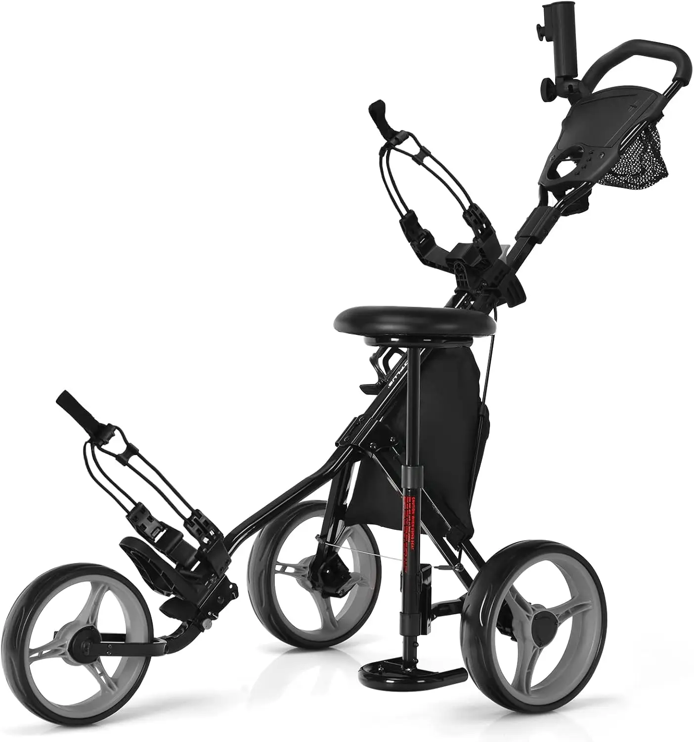 Golf Push Pull Cart with Seat, Lightweight Foldable Collapsible 3 Wheels Golf Push Cart, Golf Trolley with Foot Brake,