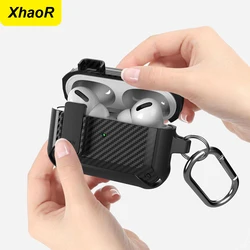 Funda con cerradura de seguridad para Airpods Pro 2, funda de lujo con interruptor de fibra de carbono para auriculares con llavero para Airpods 4 3, caja a prueba de golpes