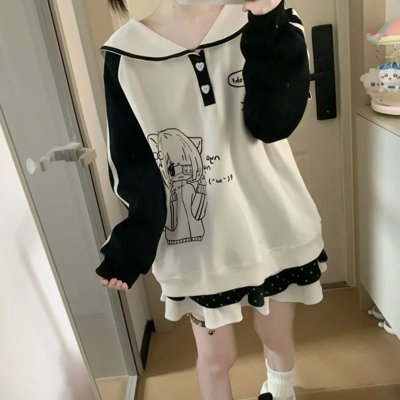 2025 Japanese Cartoon Printing Hoodie Women Harajuku Sailor Collar Patchwork Loose Sweatshirt Y2k Aesthetic Button Casual Hoody