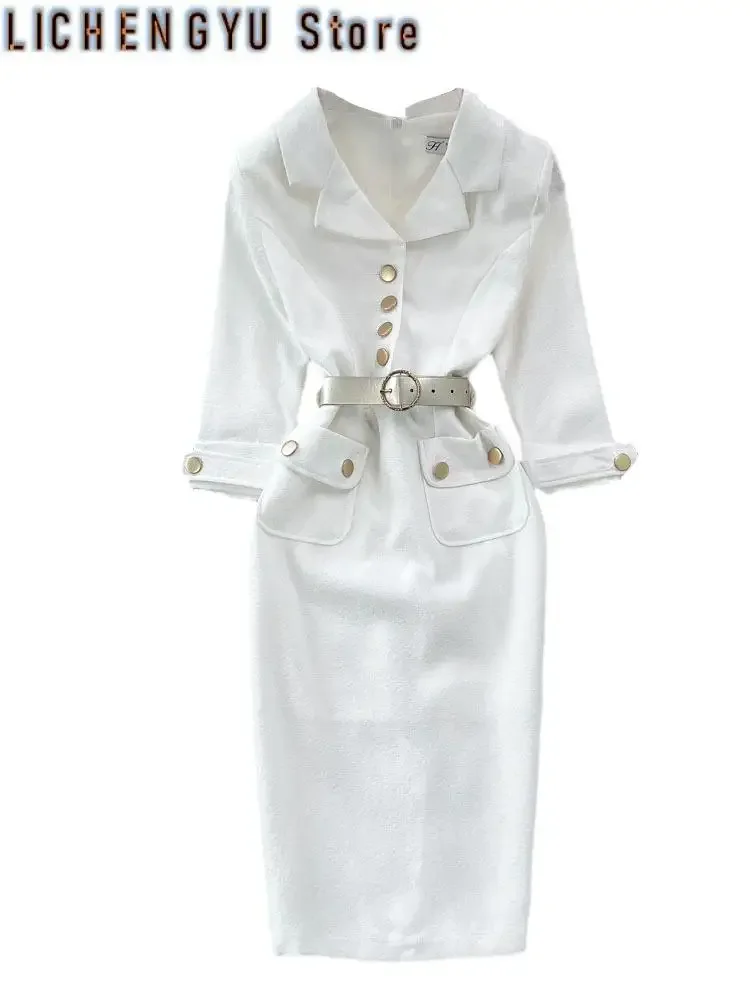 New Sweet Style Women's Long-sleeve Notched Button With Belt Patchwork High Waist A-line Dress Autumn Dresses