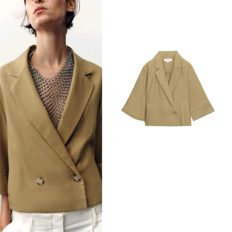 

Fall New Women's Loose Faionable Linen Material V-ne Single Button Versatile ort Sle Suit Jaet 84709