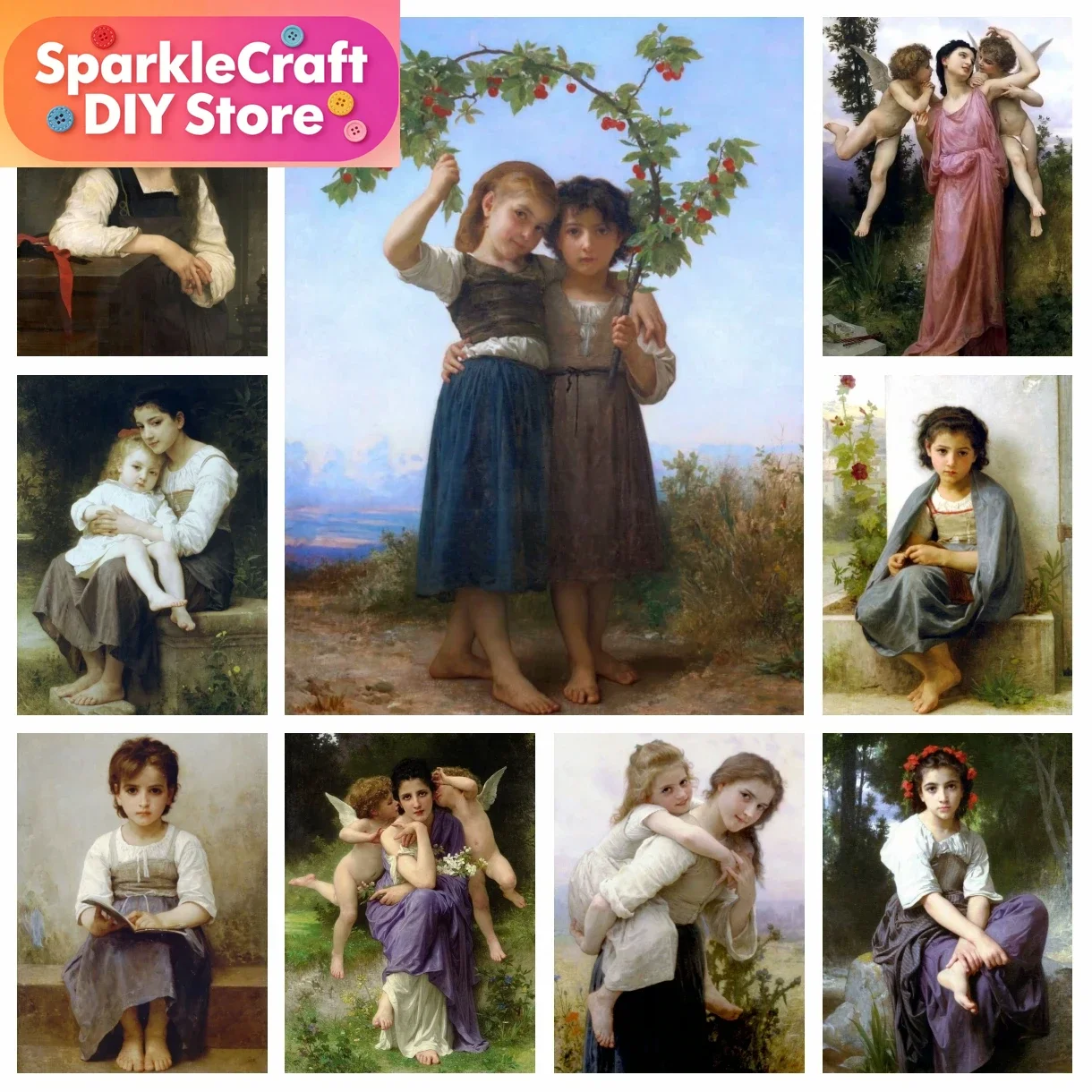 1PC Pintura Diamante Sem Moldura, Menina Pastor Rural, Cenário Rural, William-Adolphe Bouguereau, Quadro de Bordado Ponto Cruz Mosaico