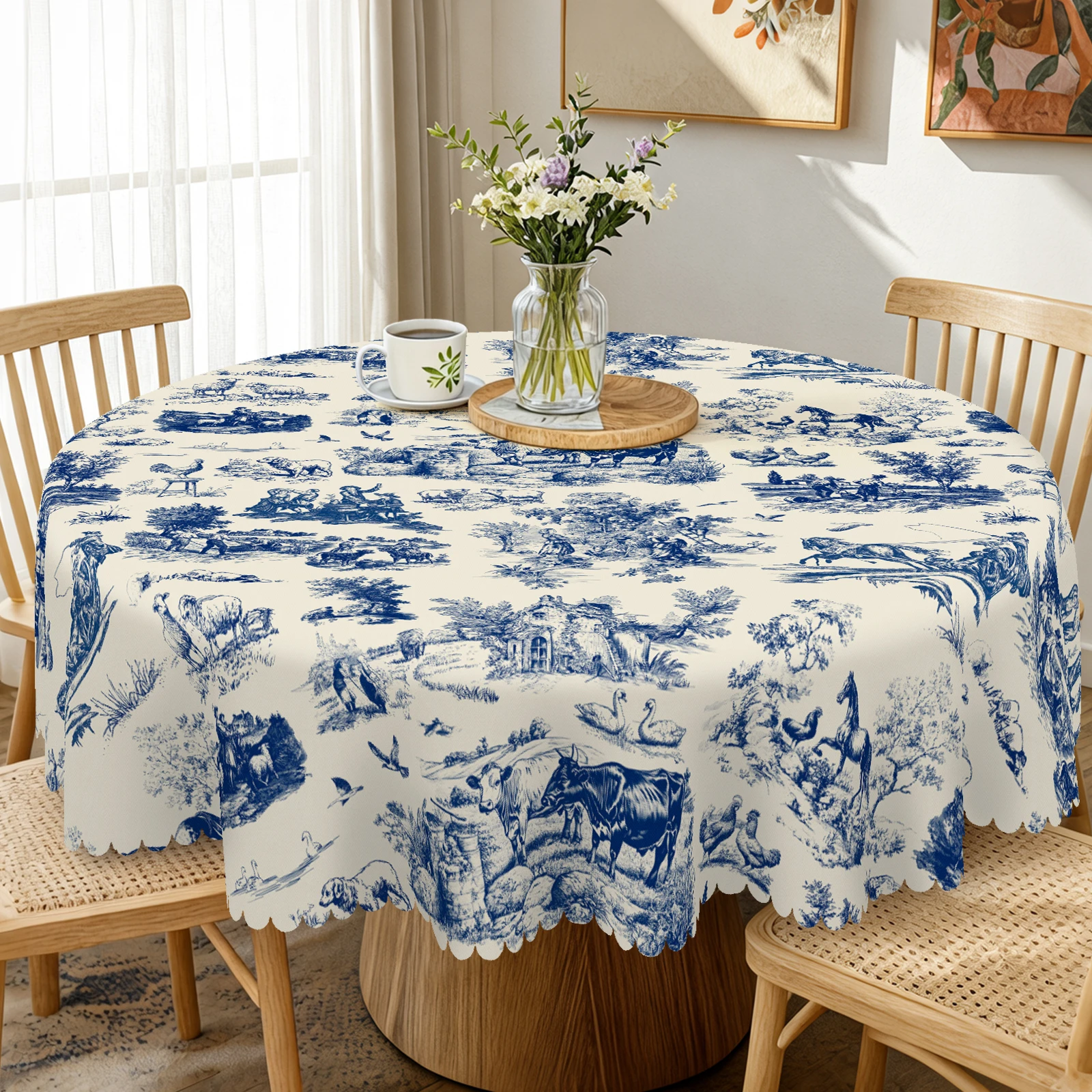 Blue and White Vintage Pastoral Illustration Tablecloth, Featuring Cute Calves, Birds, Puppies, and Other Animals, with a Pastoral Farming Pattern, Available in Various Sizes, Embossed Edges, Waterproof, Wrinkle-Resistant, Fade-Resistant, Perfect Gift for Family and Friends, Rectangular and Round Table Covers, Suitable for Spring, Summer, Autumn, and Winter, for Home Kitchens, Rooms, Courtyards, Balconies, Picnics, Cafes, Restaurant Tables Bn004