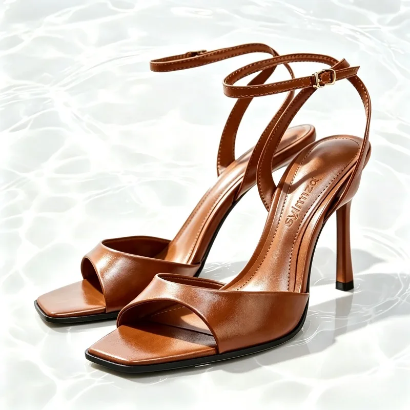 Pink Ankle Strap Buckle Design Brand Heeled Sandals Women Elegant Square Toe Heels Sweet Peep-toe Dress Shoes Sandalias De Mujer image 2