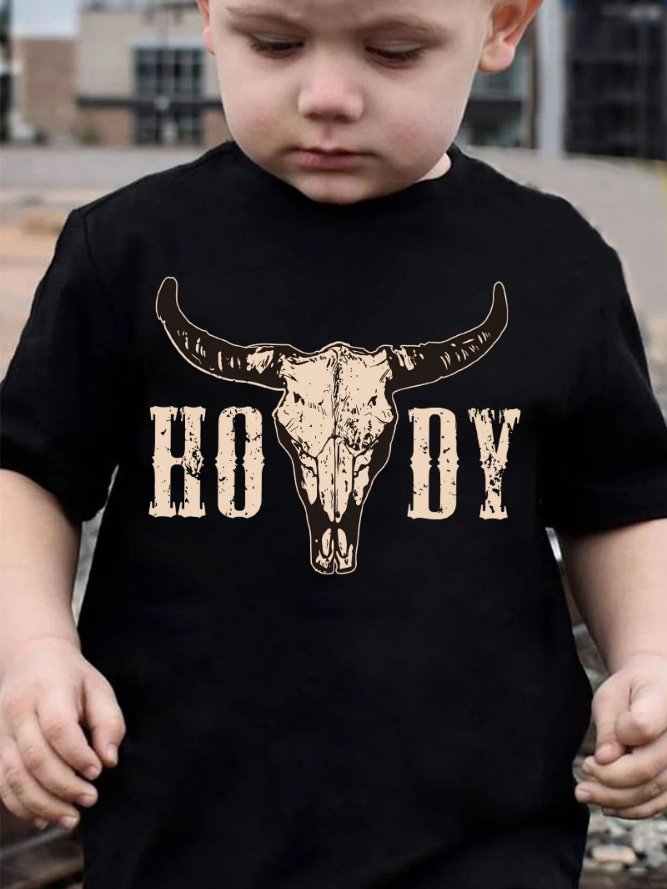 Summer Children's Fashionable Short Sleeved Cow Head Pattern HODY Element Series Printed Outdoor Casual Parent-child Top