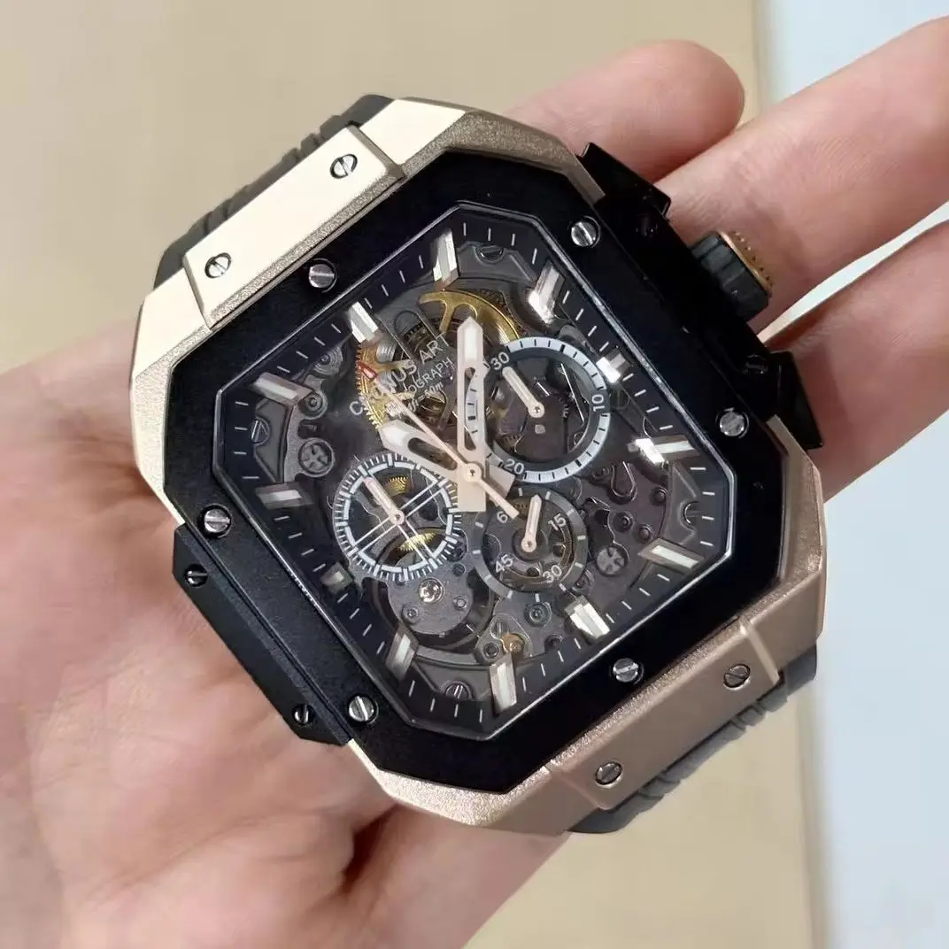 CRONUSART Men Chronograph Watch 45mm Square Automatic Mechanical Wristwatch Sapphire Mirror Luminous Skeleton Dia FKM Strap