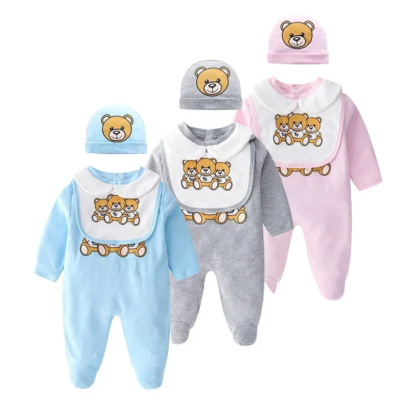 M01 New Fashion brand Mattresses kids clothes Cotton print cute cartoon bear newborn baby baby girl romper and hat Bibs Set