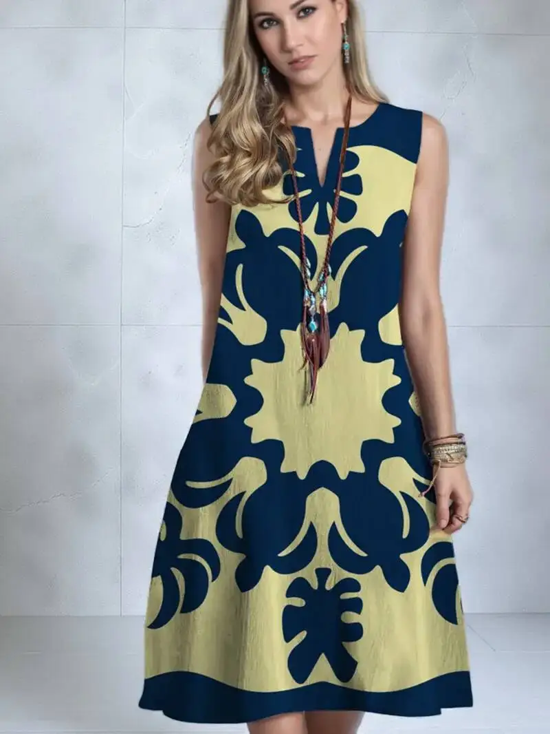 

2026 European American Cross-border WOMEN'S Clothing New Dress V-neck Sleeveless Sexy Printed Large Hem Medium Length Dress RSY6