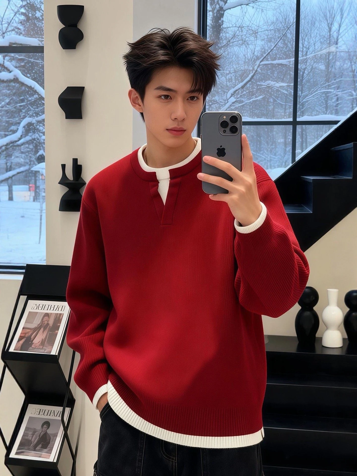 

American Sle Thiened Red V-Ne Knitted Sweater Men's Winter Faionable Base irt Match Ci Walk Home Daily Commute Ca...