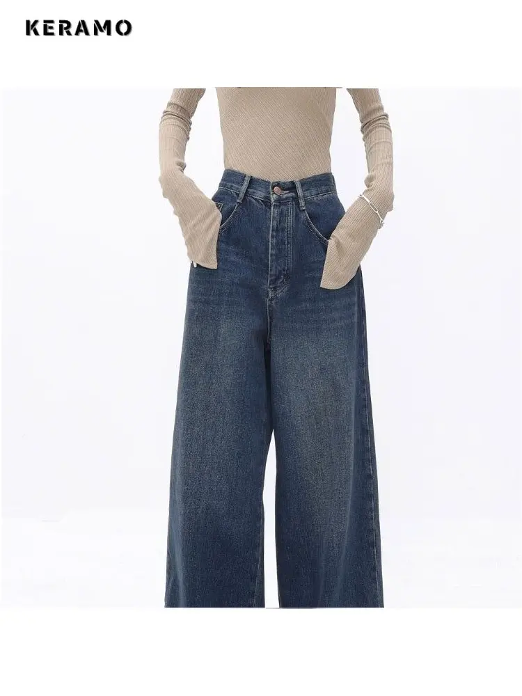 American Vintage High Waist Oversized Jeans Pants For Women Casual Baggy Y2K Wide Leg Grunge Streetwear Blue Denim Trouser