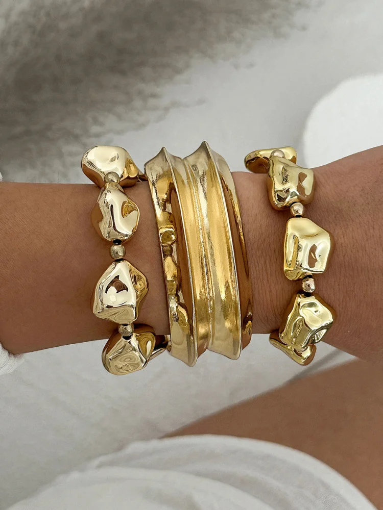 

Fashionable Wide Face Metal Texture Bracelet for Women Irregular Geometric CCB Beaded Bracelet Personality Cross-Border Jewelry