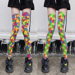 Novelty puzzle pattern stockings Harajuku sexy plaid knee socks Lolita cute Kawaii fashion girl stockings gift