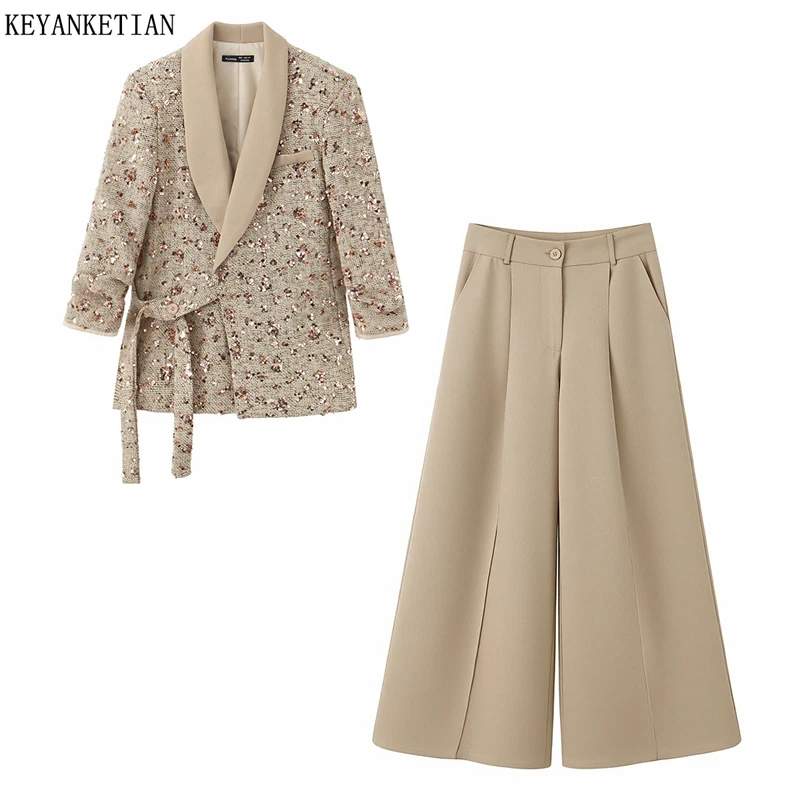 KEYANKETIAN 2026 Spring New Woman Luxury Champagne Sequin Blazer Set Tie Waist Wide Leg Pants 2 Piece Set Evening Party Outfit