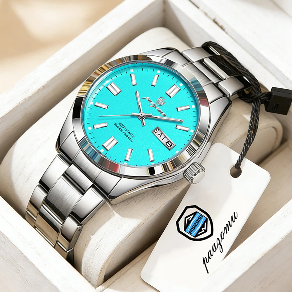 PAAZOMU Reloj de cuarzo analógico para hombre con fecha y día, correa de acero inoxidable, reloj de pulsera de moda resistente al agua para hombre