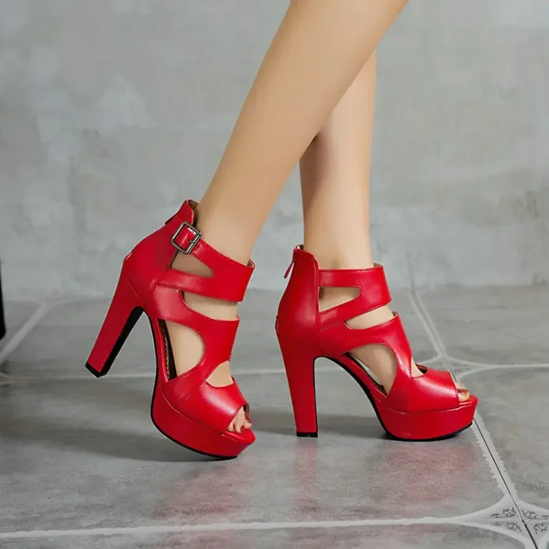 Mature Cross-strap Peep Toe Gladiators Woman High Heels Shoes Hallow Cut-out Yellow Red Platform Women Sandals Oversized 34-50
