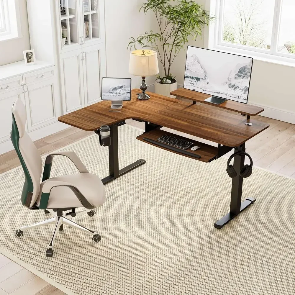 Electric Adjustable Height Standing Desk with Keyboard Tray, 61x43, Dual Motor, Memory Presets, USB/RGB, Walnut/White Finish for
