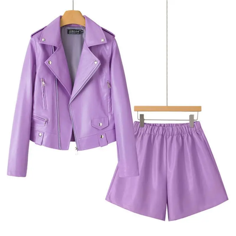Womens Autumn PU Leather 2-Piece Matching Set Lapel Zipper Motorcycle Biker Jacket Elastic Waist Wide Leg Shorts Casual Outfit