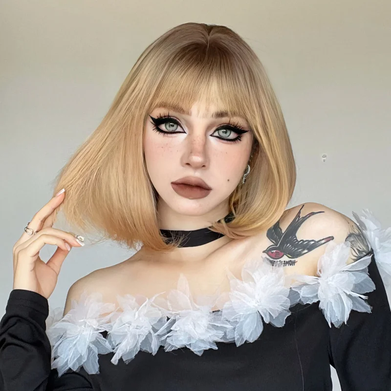 Brown gradient bob with bangs for women, daily use, high-temperature fiber, full head wig