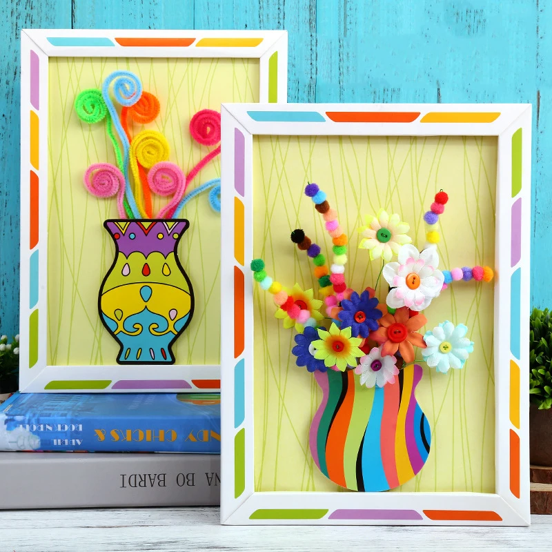 Handmade Button Flowers Set DIY Creative Children Toys Kindergarten Bouquet Household Decoration 3D Paper Photo Frame Gift