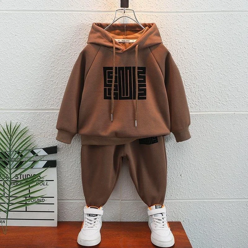 Boys Suit Sweatshirts +Pants Cotton 2Pcs/Sets 2023 Brown Spring Autumn Sportswear  Outfits Outdoors Thicken Children Clothing