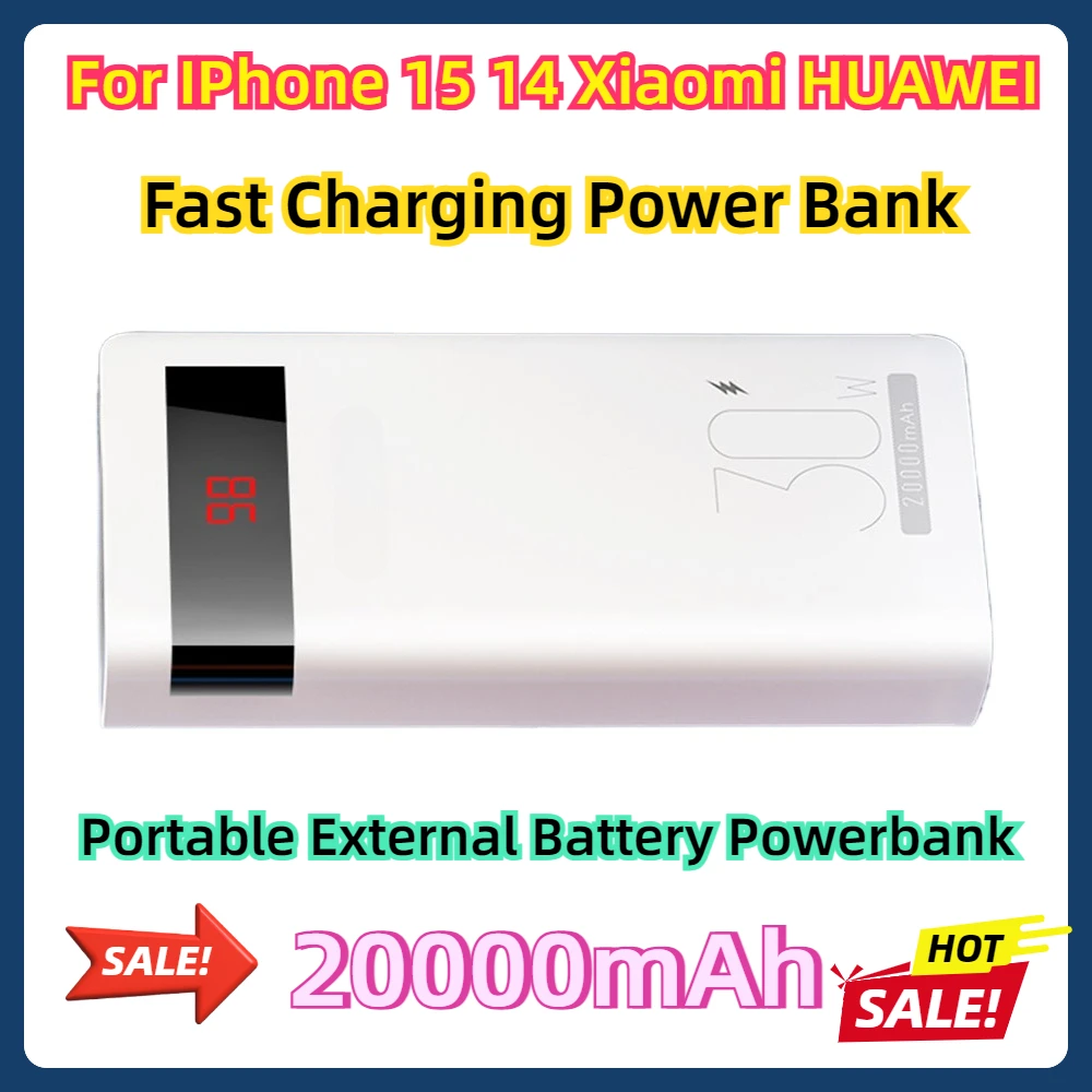 For IPhone 15 14 Xiaomi HUAWEI PD 30W Fast Charging Power Bank 20000mAh Portable External Battery Powerbank