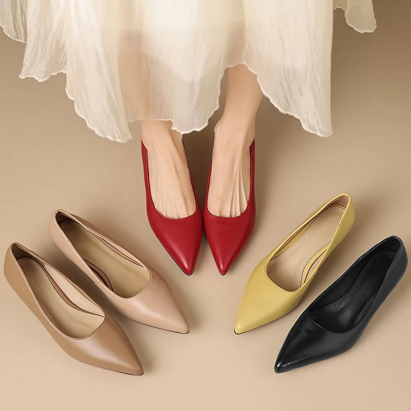 Women's new spring and autumn genuine leather cowhide pointed toe mid heel simple commuting temperament single shoe work shoes