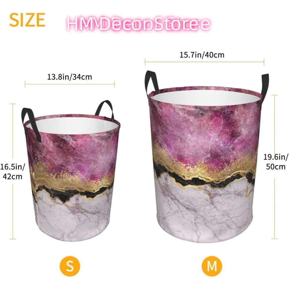 سلة الغسيل الرخام الوردي مع الأوردة الذهبية قماش أكسفورد سلة الغسيل القابلة للطي مع مقبض للمطبخ غرفة النوم #5