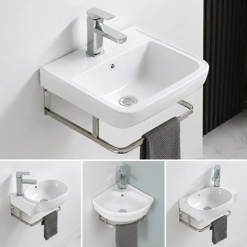 for Small Apartment Bracket Ceramic Face Wash Basin Triangular Basin Stainless Steel Hanging Wall Mounted Simple Bathroom