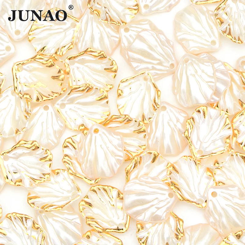 JUNAO 16mm 50pcs White Shell Pearl Beads Sewing Pearl Rhinestones Appliques Golden Edge Fancy Imitation Pearl For DIY Crafts