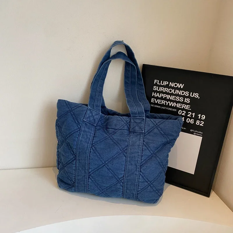 여성용 대용량 패션 데님 숄더백, 솔리드 다이아몬드 격자 지퍼 캐주얼 토트 핸드백, 2025 핫 세일