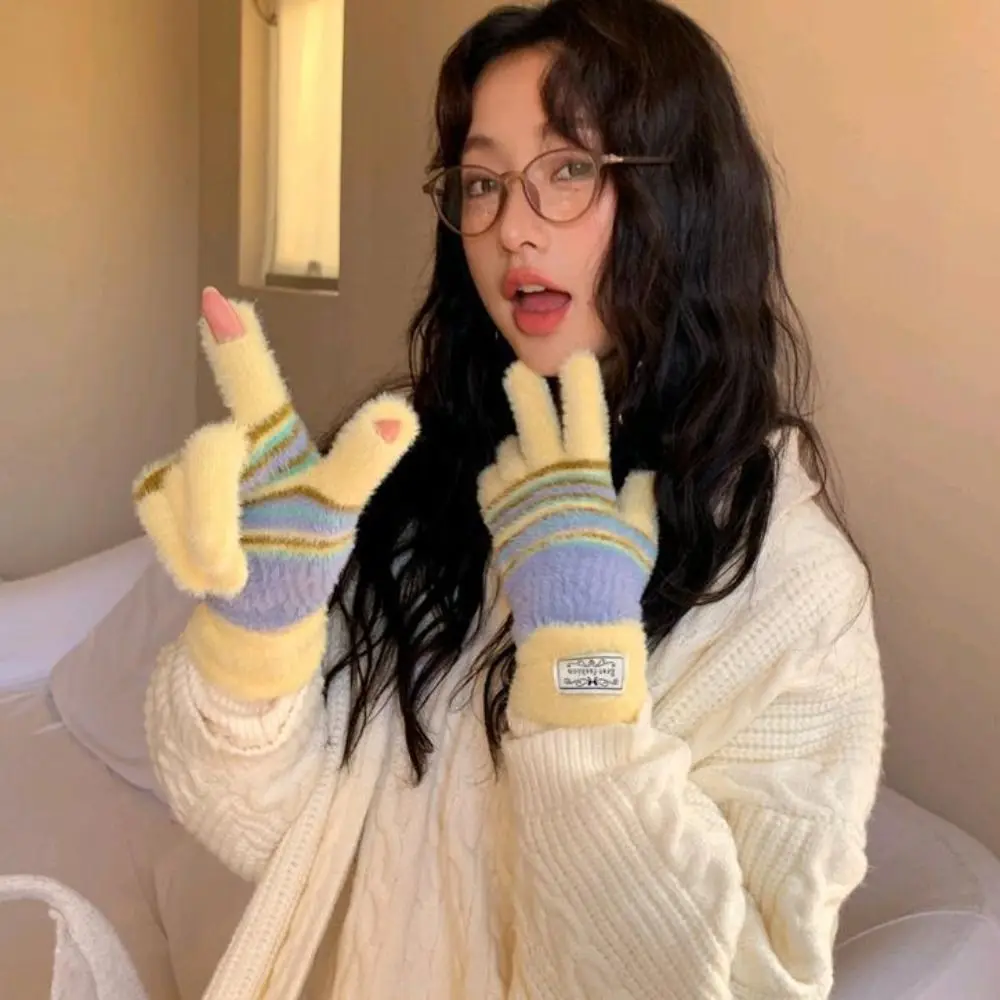 

Japanese Korean Style Colorful Striped Gloves Harajuku Rainbow Color Striped Knitted Gloves Soft Warm Touchscreen Mittens Autumn