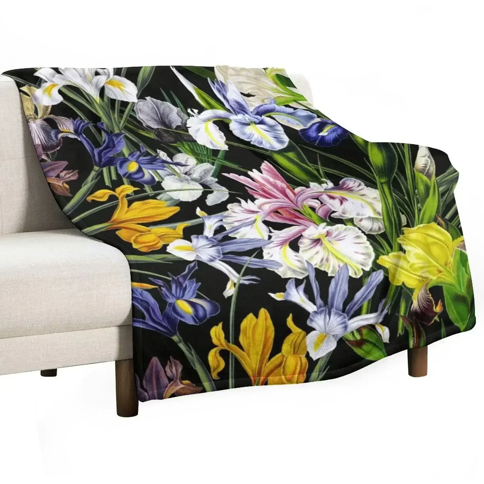 Victorian Iris Flower Pattern Botanical Night Garden on Black Throw Blanket Color Fast Cozy Throw Blanket