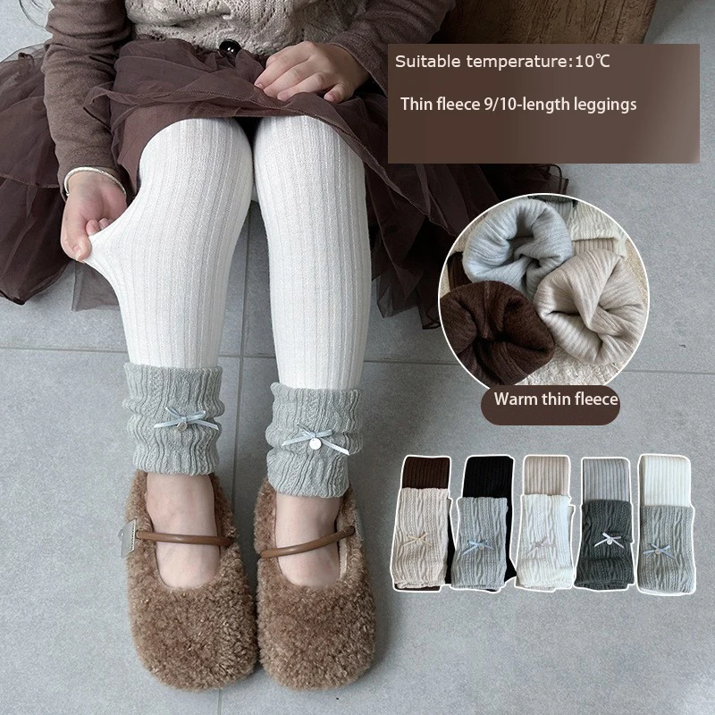 

2-6 Years Baby Girls Fleece Ninth leggings Autumn Winter Cotton Stocking Sweet Bow tie pantyhorse For Toddler Girls