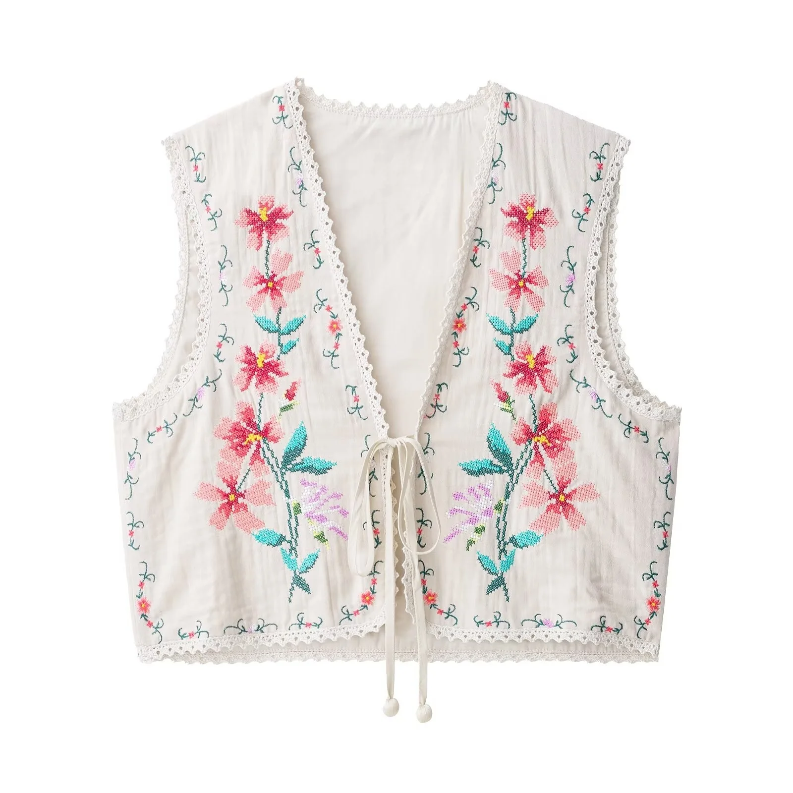 

MYST&ZA women's summer new exquisite floral embroidery design casual fashion ethnic style V-neck short vest top