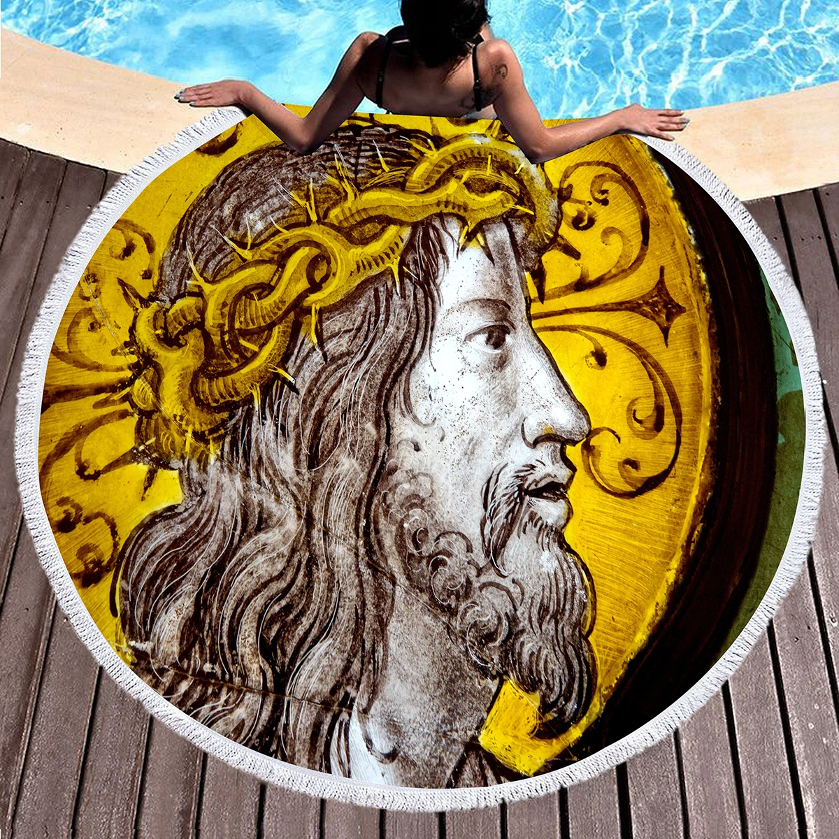 Religious Printing Round Beach Blanket,Polyester Absorbent Quick Dry Sand Beach Towel,Repellent Blanket For Pool Picnic Travel