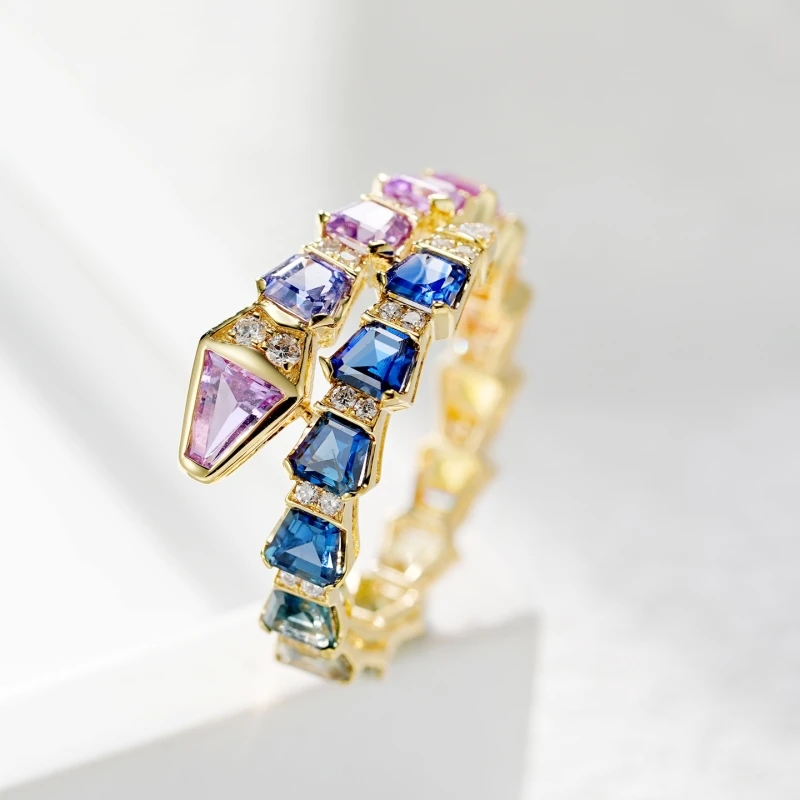 

BELLUX Fine Jewelry Customized 18k Gold Material Set Natural Colored Gemstone Snake Shaped Full Diamond Ring